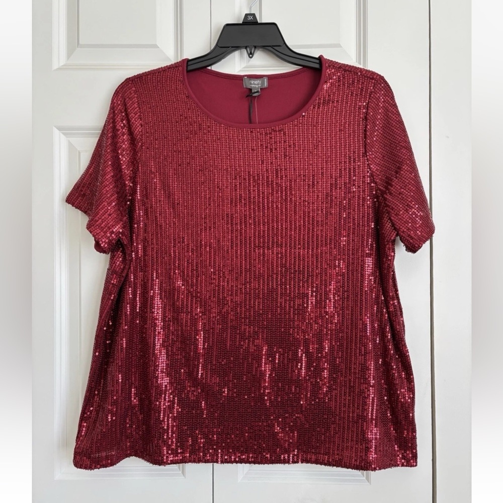 Women's Sequin Short Sleeve Top - Red